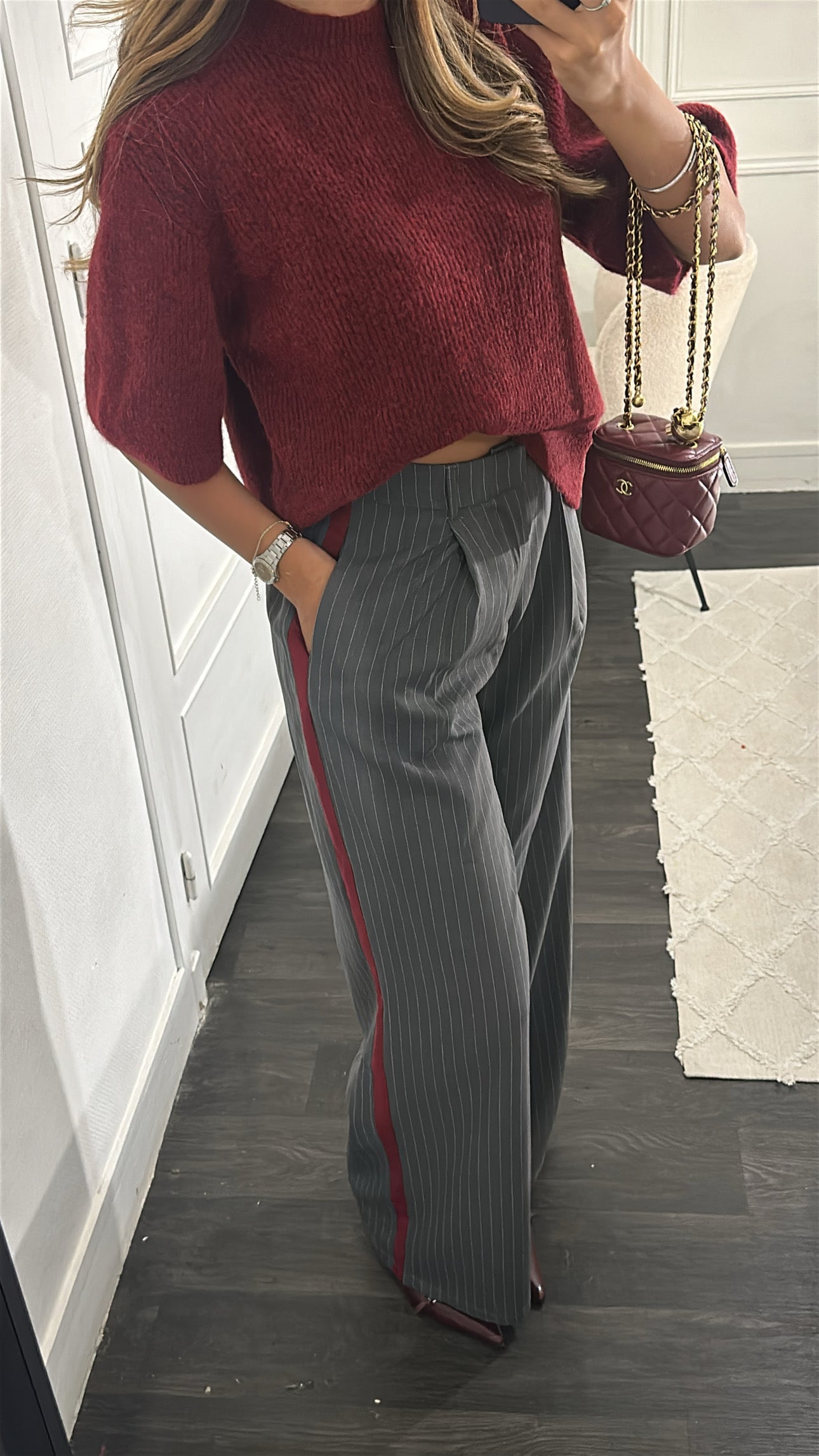 Pull Mi-Manche Bordeaux Laine Mélangé