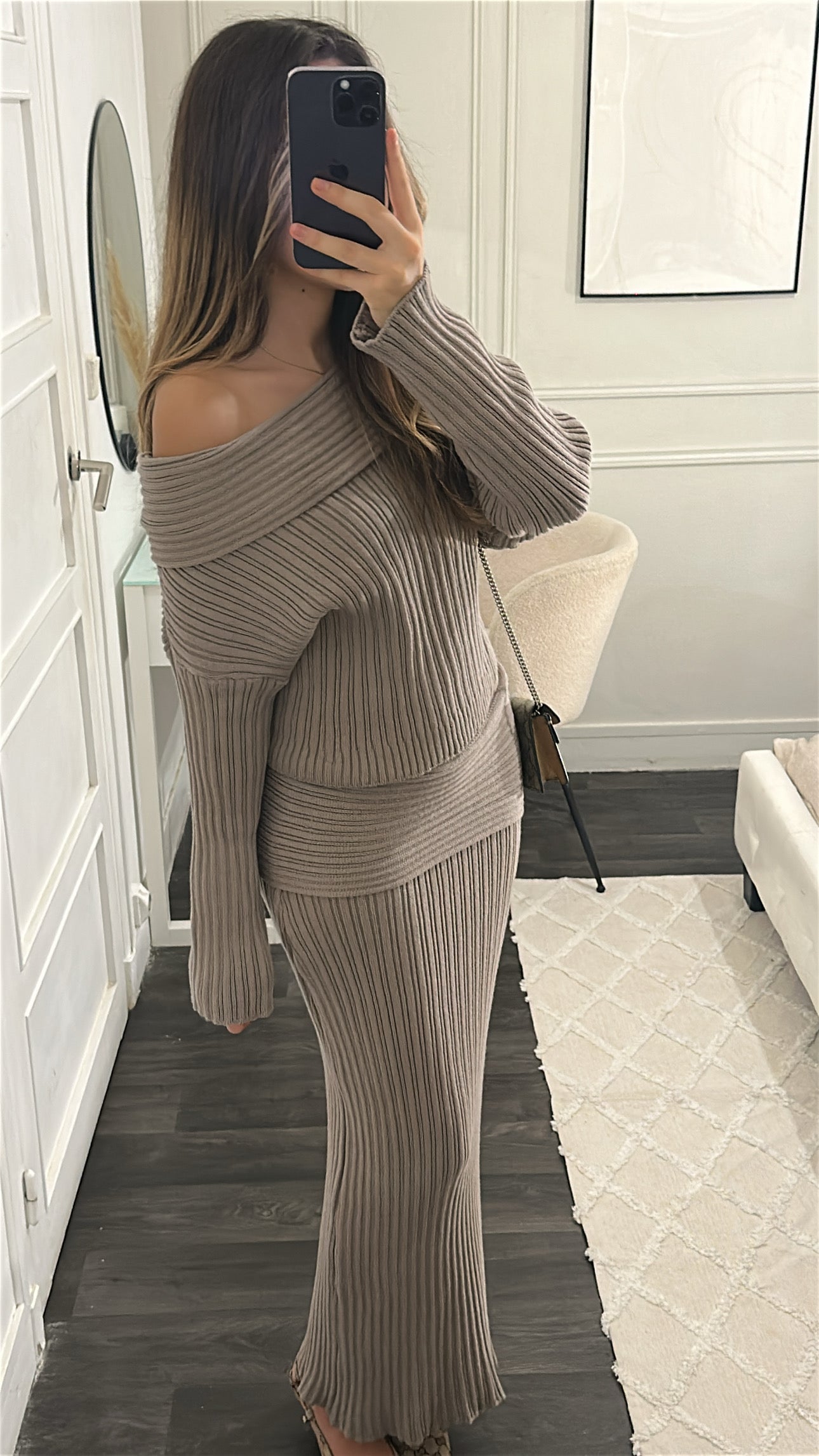 Ensemble Pull Jupe en Maille Beige