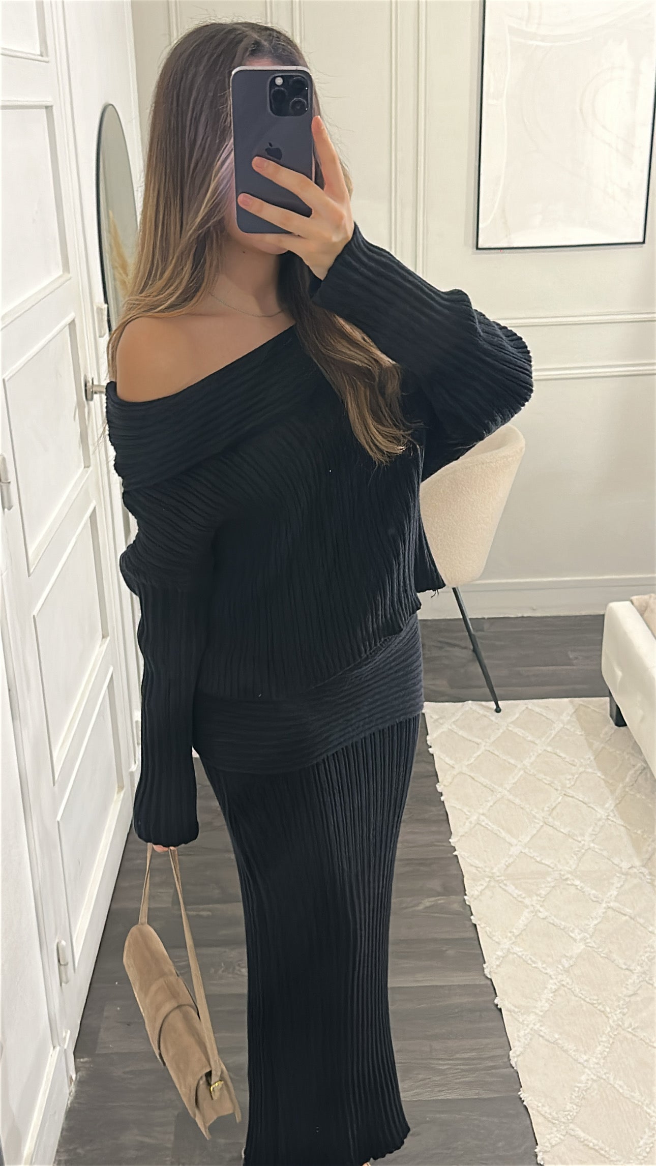 Ensemble Pull Jupe en Maille Noir