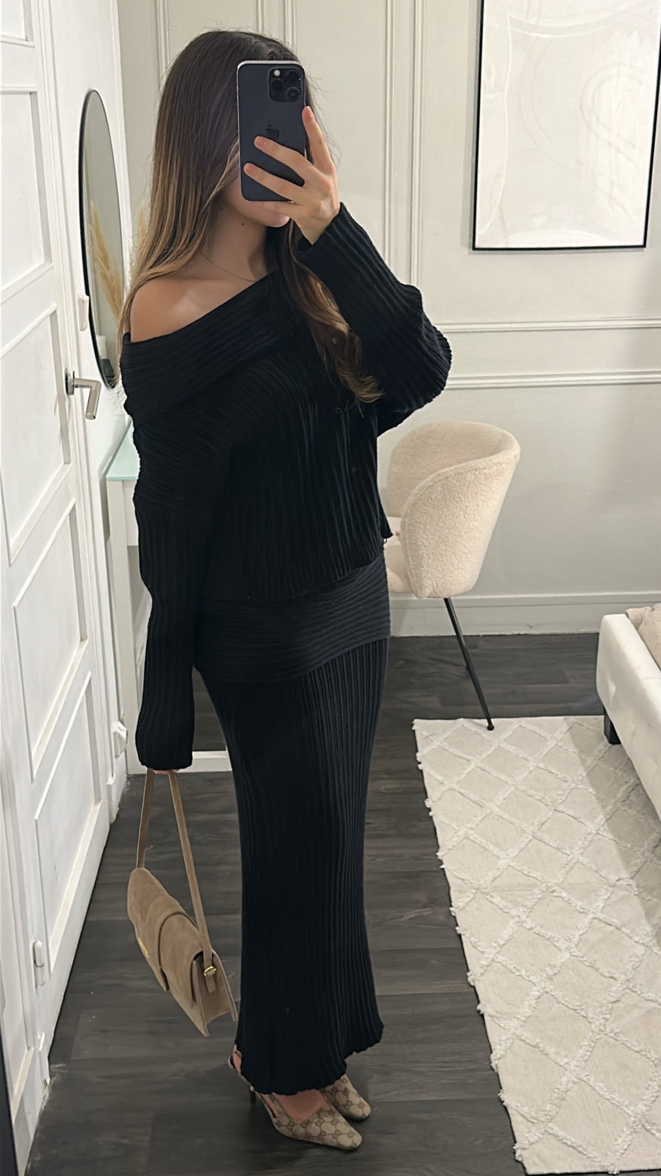 Ensemble Pull Jupe en Maille Noir