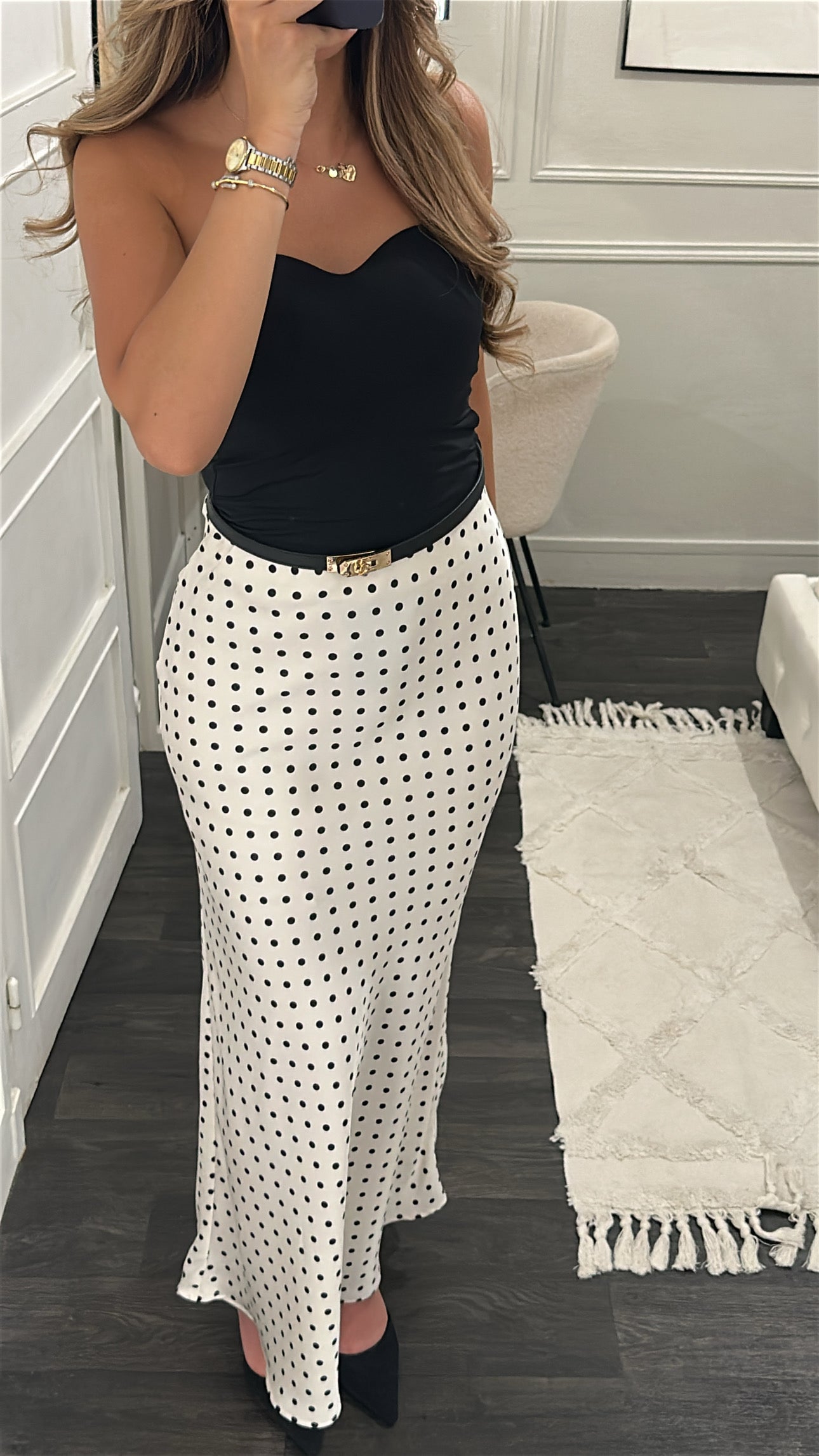 Jupe Satinée à Pois Blanche